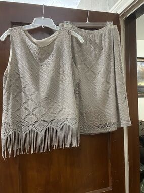 I.N. Studio Light Taupe Fringe Knit Shell and Skirt Set